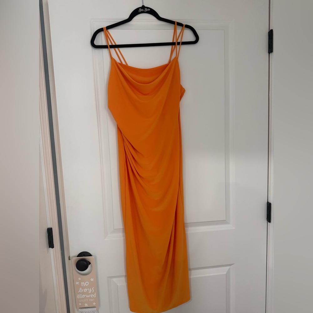 NWT Zara Orange Draped Cowl Slip Midi Dress Medium